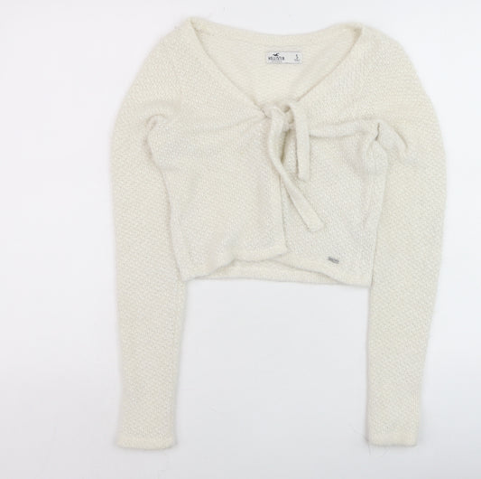 Hollister Women Ivory Knit Tie Front Cardigan S Long Sleeve Lightweight