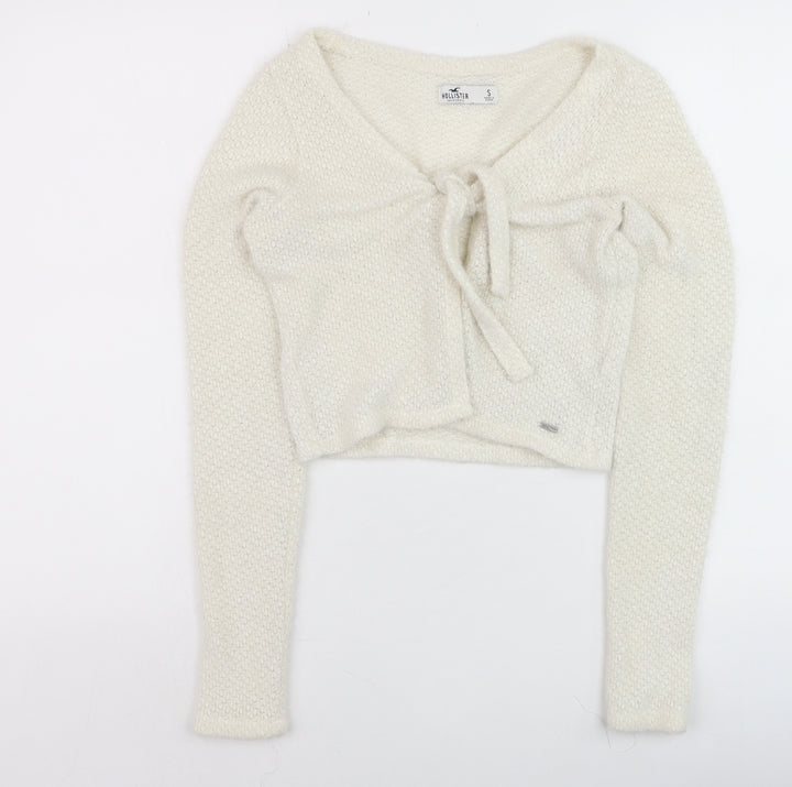 Hollister Women Ivory Knit Tie Front Cardigan S Long Sleeve Lightweight