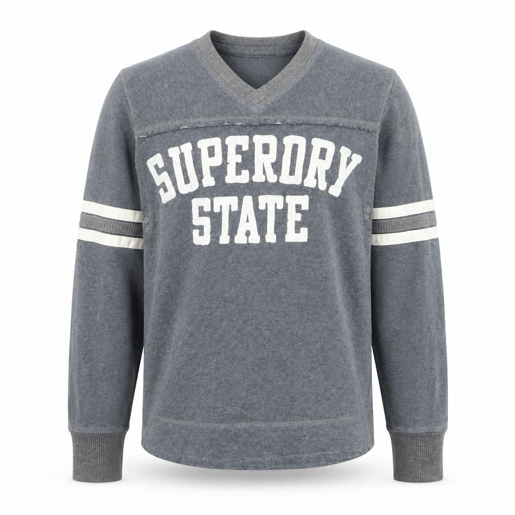 Front view of Superdry Men's Grey V-Neck Graphic jumper M