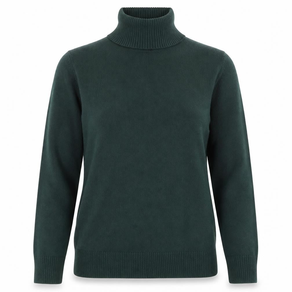 Front view of MIM women’s green roll neck acrylic knit jumper, size M