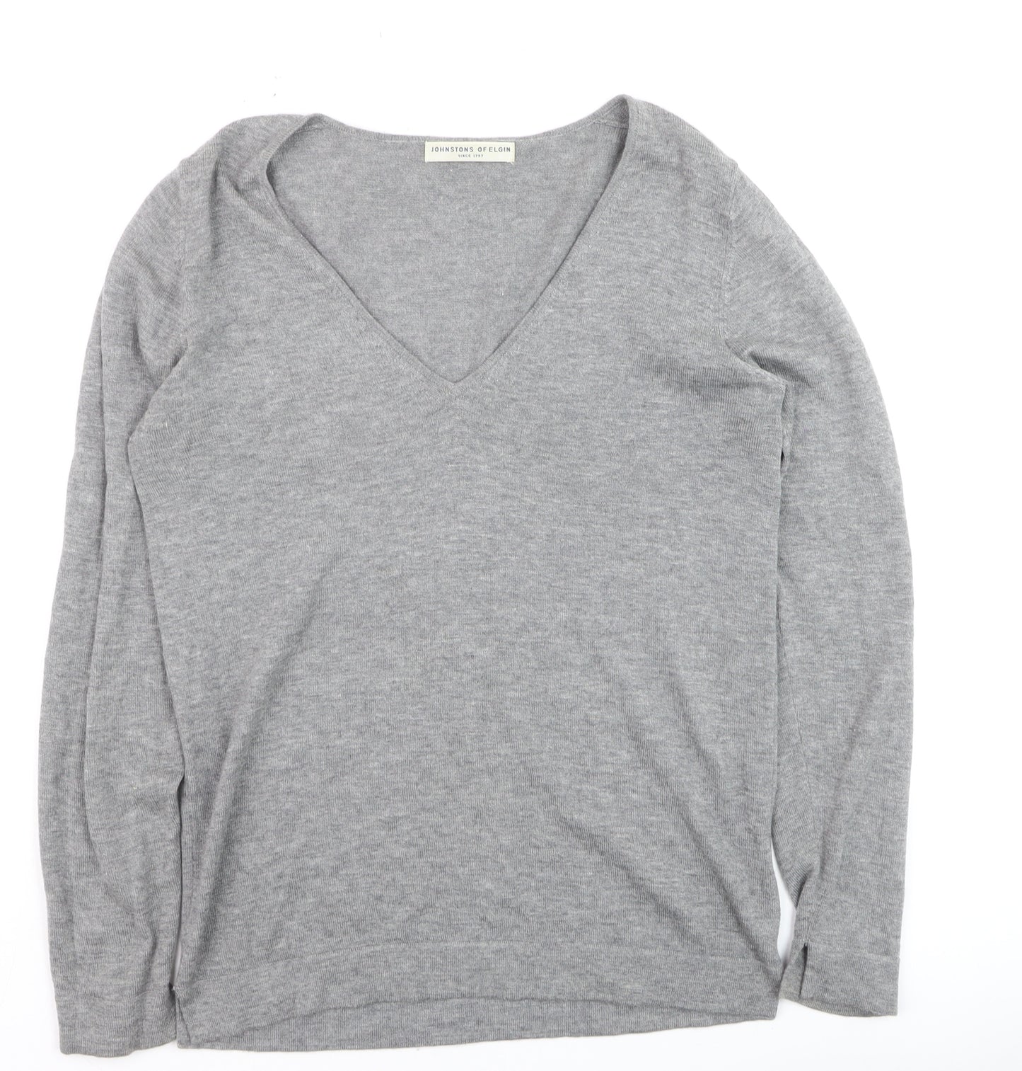 Johnstons of Elgin Womens Grey Wool Silk Cashmere V-Neck Jumper S