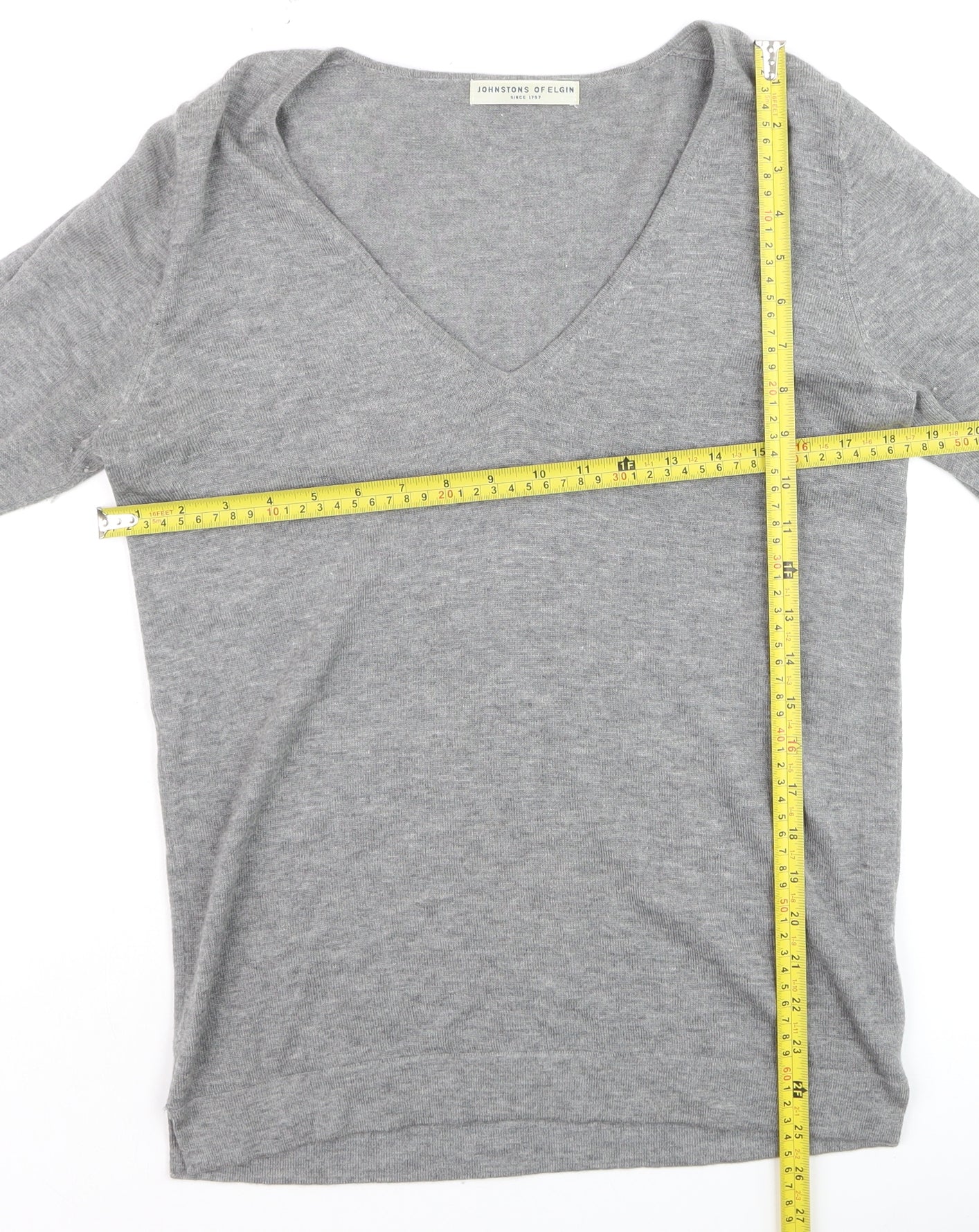 Johnstons of Elgin Womens Grey Wool Silk Cashmere V-Neck Jumper S