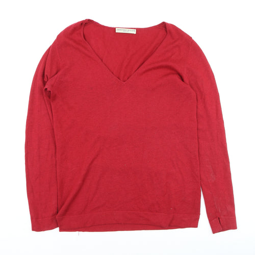Johnstons of Elgin Women's Red V-Neck Wool Silk Cashmere Jumper Small