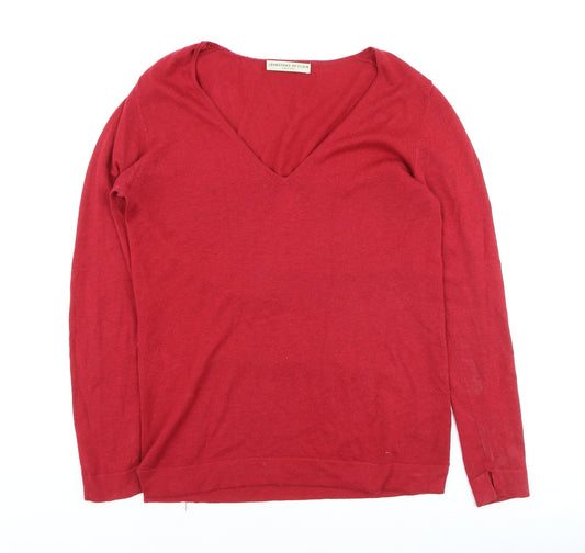 Johnstons of Elgin Women's Red V-Neck Wool Silk Cashmere Jumper Small