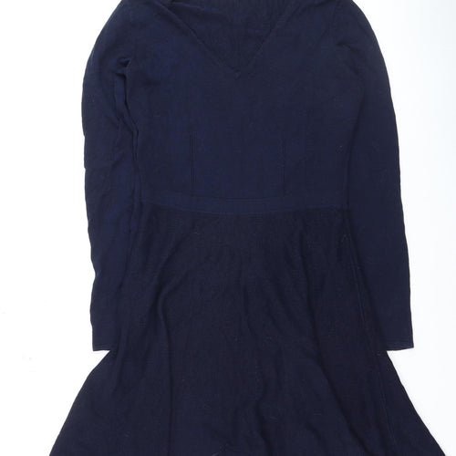 Oasis Women's Blue Knit Fit & Flare Dress Size M Long Sleeve V-Neck