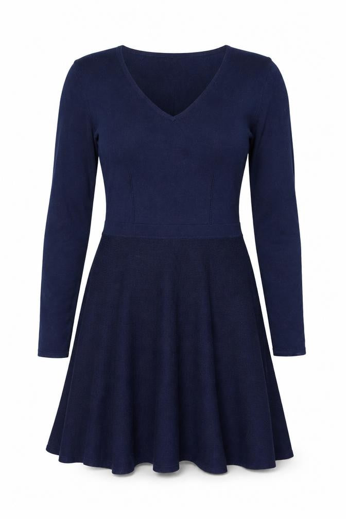 Oasis Women's Blue Knit Fit & Flare Dress Size M Long Sleeve V-Neck