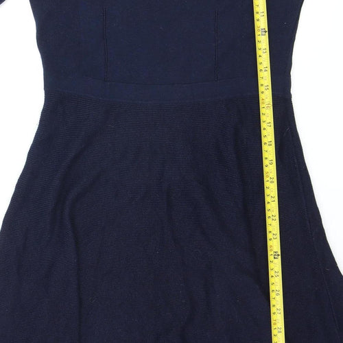 Oasis Women's Blue Knit Fit & Flare Dress Size M Long Sleeve V-Neck