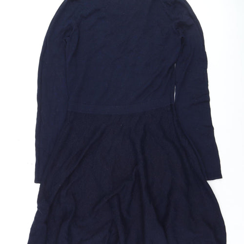 Oasis Women's Blue Knit Fit & Flare Dress Size M Long Sleeve V-Neck
