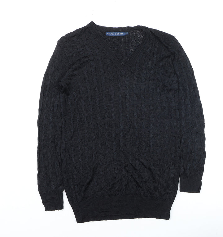 Ralph Lauren Women's Black V-Neck Cable-Knit Jumper Size S