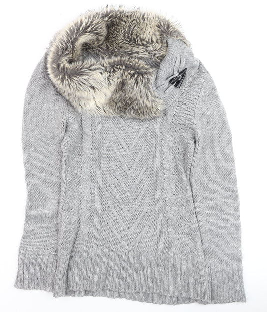 Jane Norman Women’s Grey Faux Fur Cowl Neck Cable Knit Jumper Size 12