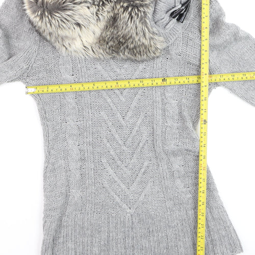 Jane Norman Women’s Grey Faux Fur Cowl Neck Cable Knit Jumper Size 12