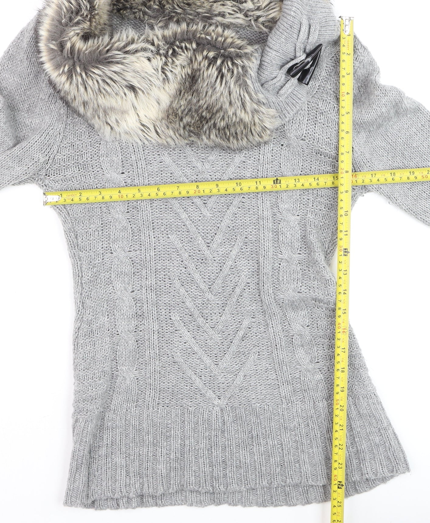Jane Norman Women’s Grey Faux Fur Cowl Neck Cable Knit Jumper Size 12