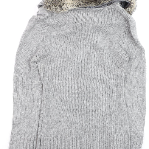 Jane Norman Women’s Grey Faux Fur Cowl Neck Cable Knit Jumper Size 12
