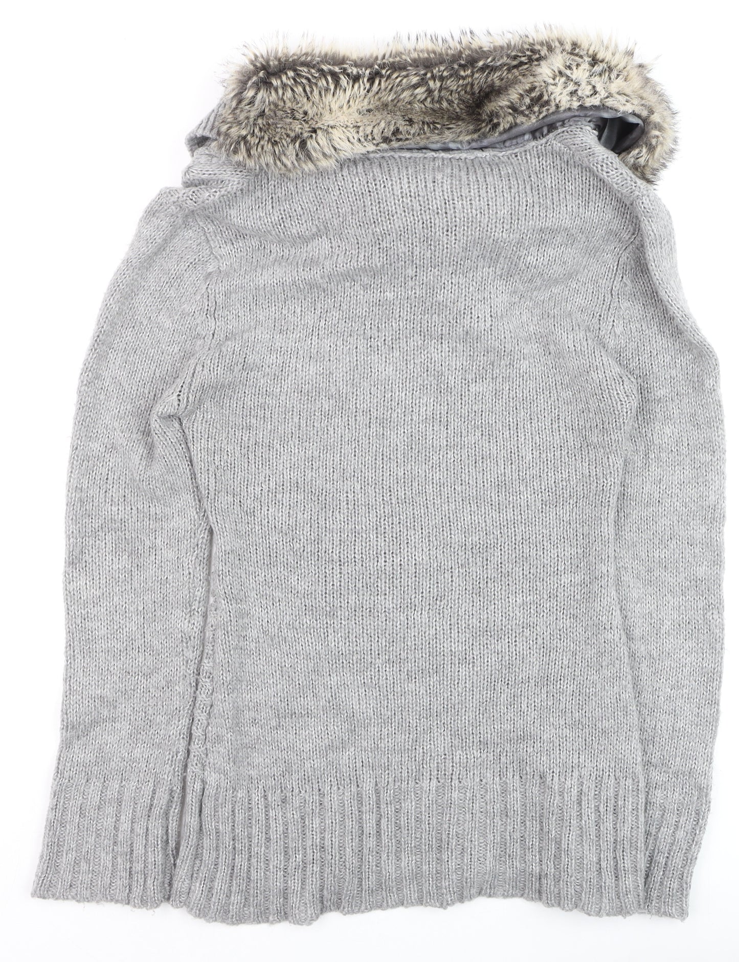 Jane Norman Women’s Grey Faux Fur Cowl Neck Cable Knit Jumper Size 12