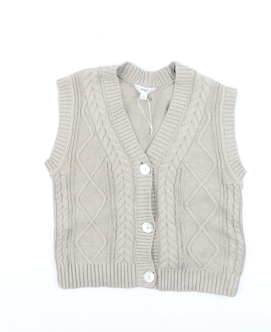Marks and Spencer Womens Beige Cable Knit Sleeveless Cardigan S