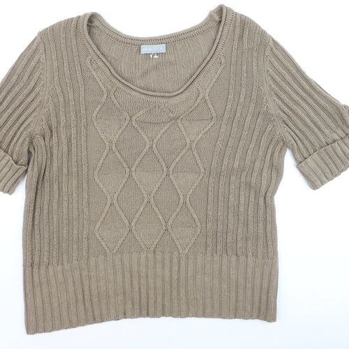 Marks and Spencer Women Beige Cotton Cable-Knit Short Sleeve Jumper Size 16