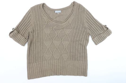 Marks and Spencer Women Beige Cotton Cable-Knit Short Sleeve Jumper Size 16