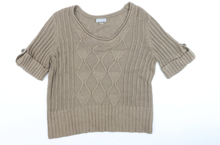 Marks and Spencer Women Beige Cotton Cable-Knit Short Sleeve Jumper Size 16