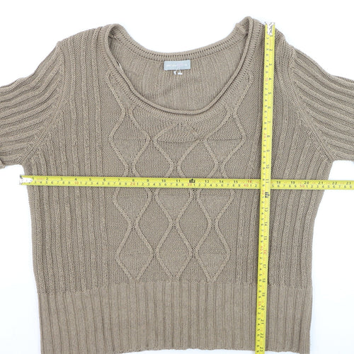 Marks and Spencer Women Beige Cotton Cable-Knit Short Sleeve Jumper Size 16