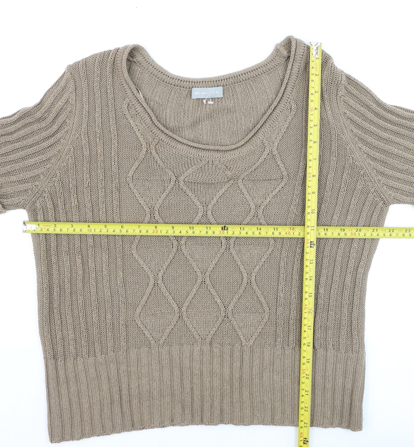 Marks and Spencer Women Beige Cotton Cable-Knit Short Sleeve Jumper Size 16