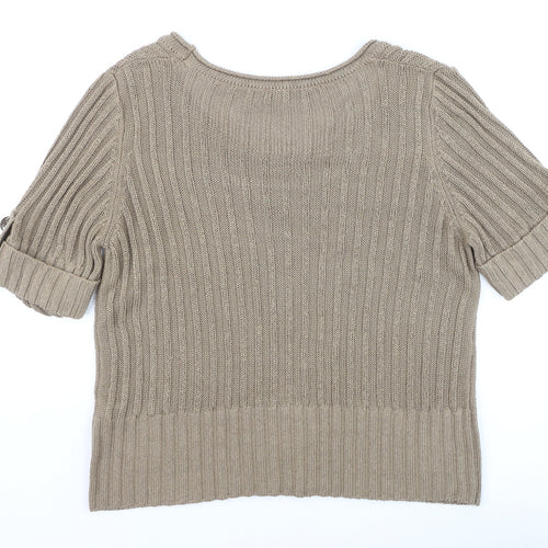 Marks and Spencer Women Beige Cotton Cable-Knit Short Sleeve Jumper Size 16