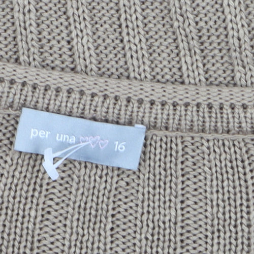 Marks and Spencer Women Beige Cotton Cable-Knit Short Sleeve Jumper Size 16