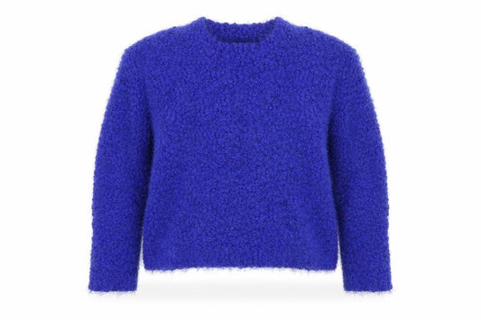 Front view of Select women’s blue chunky knit crew neck jumper, size UK 12