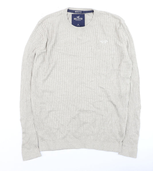 Hollister Men’s Beige Muscle Fit Ribbed Knit Cotton Jumper Size M