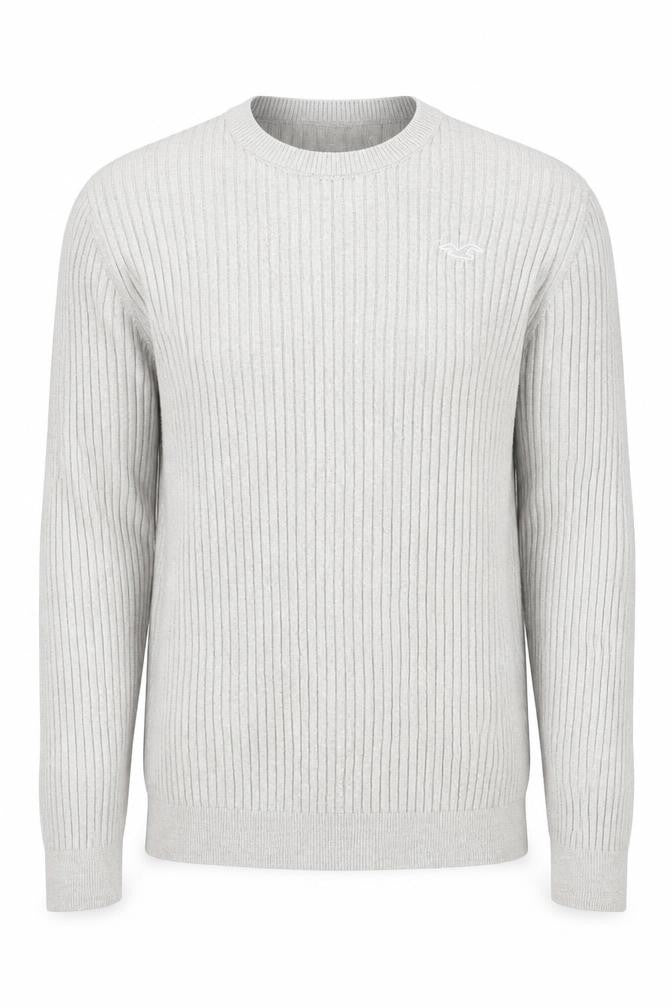 Hollister Men’s Beige Muscle Fit Ribbed Knit Cotton Jumper Size M