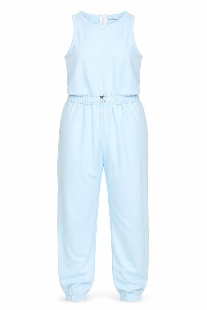 Front view of Topshop Women's Blue Sleeveless Jersey Jumpsuit, size 12