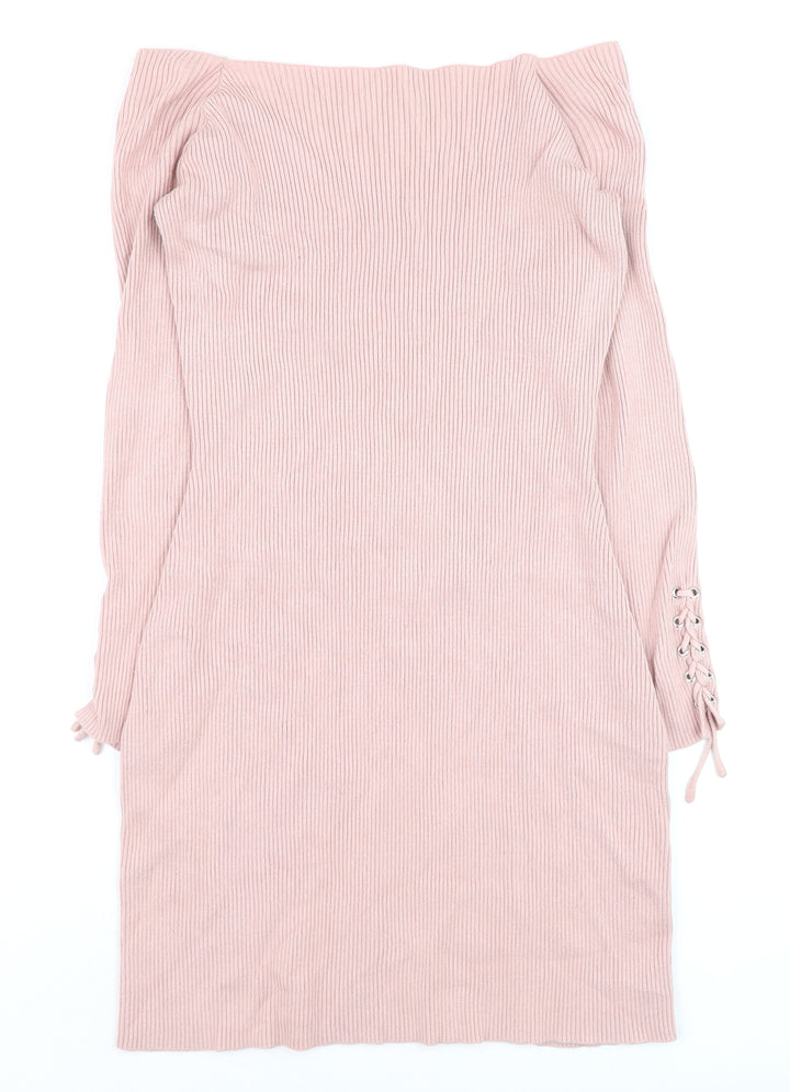 ASOS Women Pink Off Shoulder Rib Knit Bodycon Dress Size 10