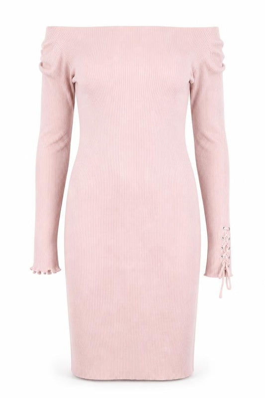 Front view of ASOS Women Pink Off Shoulder Rib Knit Bodycon Dress, size 10
