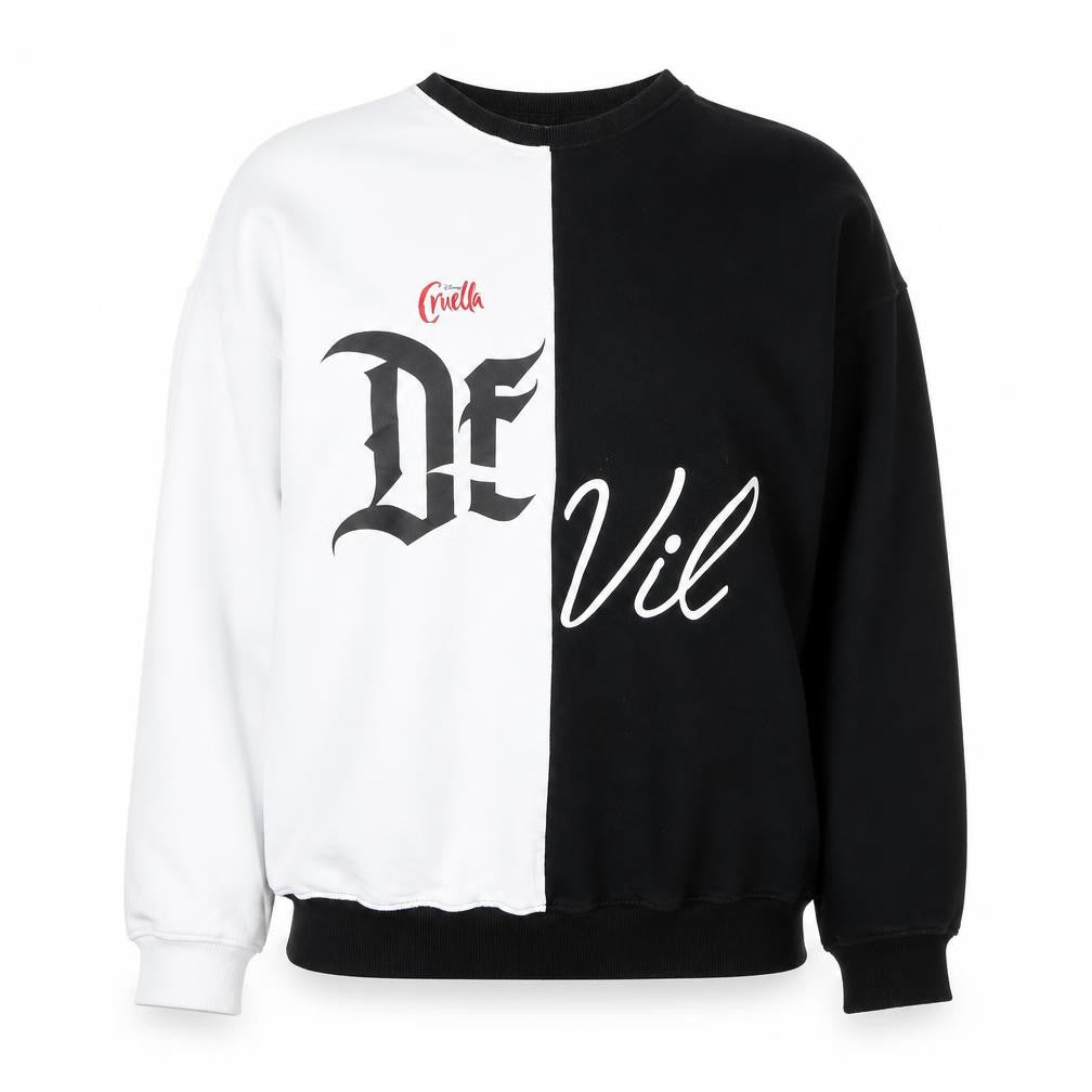 Front view of Disney Cruella by George Women Black White, size 10, Pullover Sweatshirt