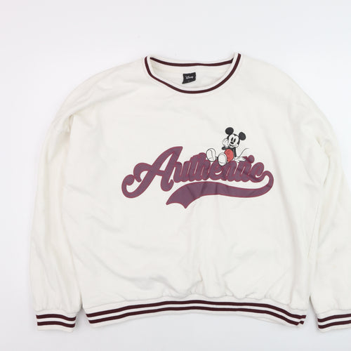 Disney Women White Mickey Mouse Crew Neck Pullover Sweatshirt XL