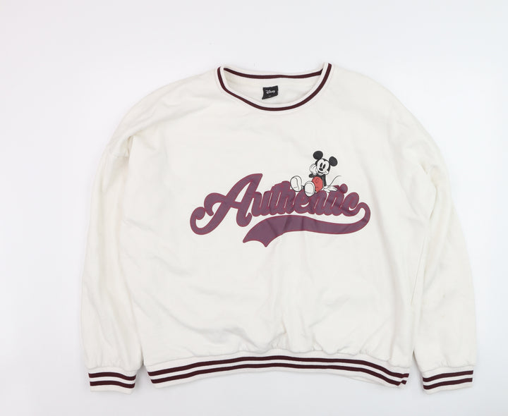 Disney Women White Mickey Mouse Crew Neck Pullover Sweatshirt XL
