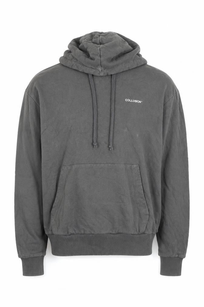 Front view of Collusion Men's Grey Pullover Hoodie, size M, Logo Front Cotton