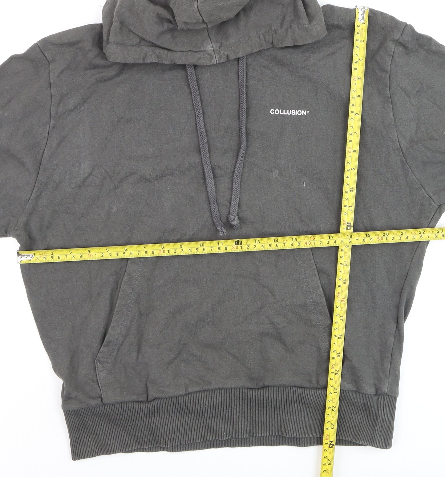 Collusion Men's Grey Pullover Hoodie Size M Logo Front Cotton