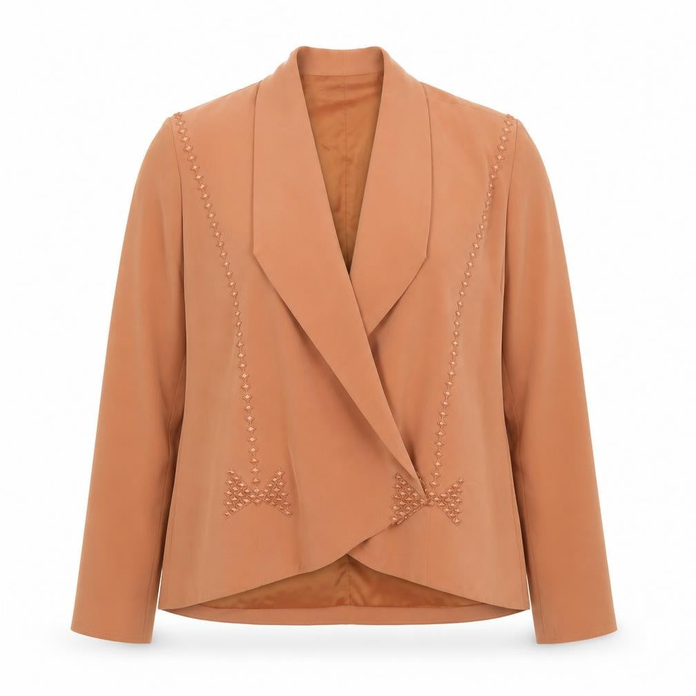 Front view of Tom Bowker Women’s Brown Embroidered Bow Blazer, size UK 10, Vintage