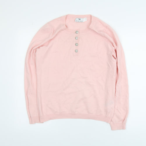 Peter Hahn Women's Pink Cotton Henley Jumper Size 16 Long Sleeve