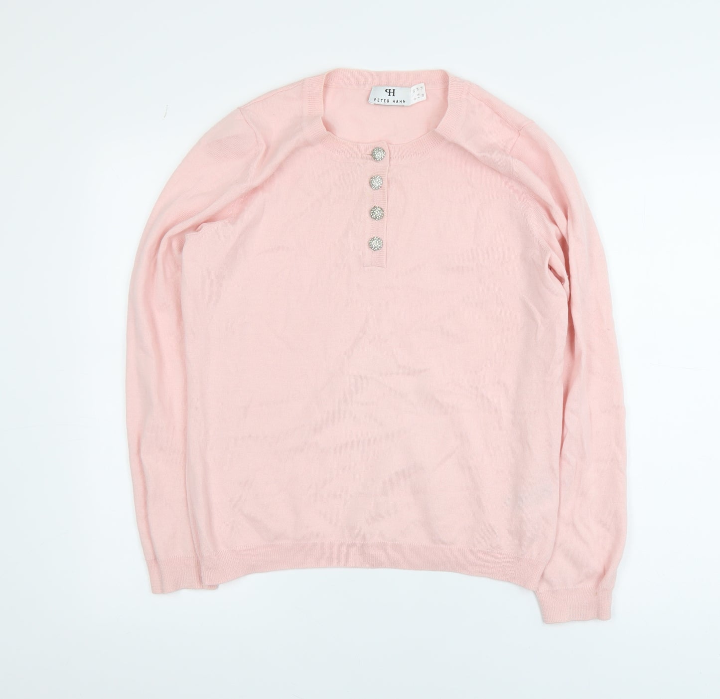 Peter Hahn Women's Pink Cotton Henley Jumper Size 16 Long Sleeve