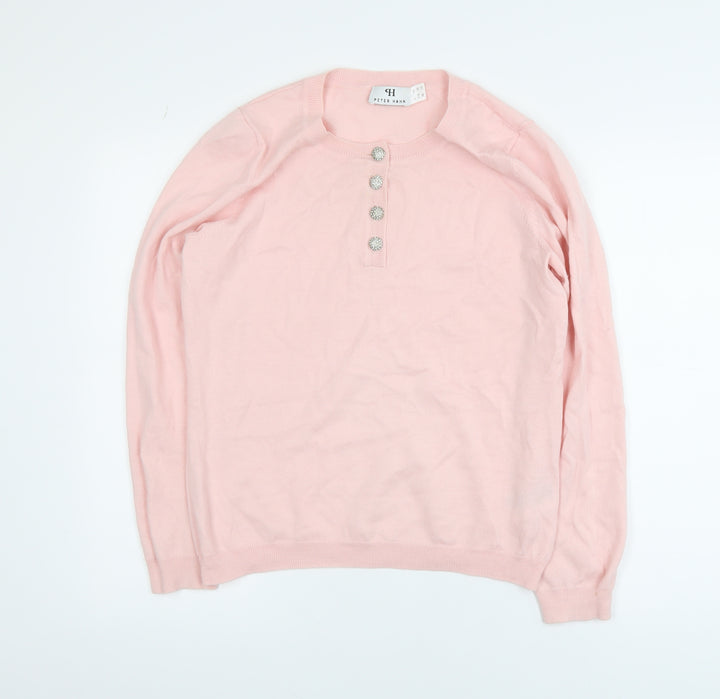 Peter Hahn Women's Pink Cotton Henley Jumper Size 16 Long Sleeve