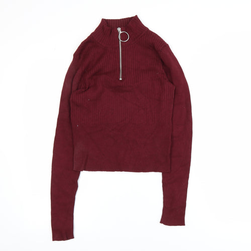 H&M Divided Women's Red Cropped Zip High Neck Long Sleeve Top Size 8