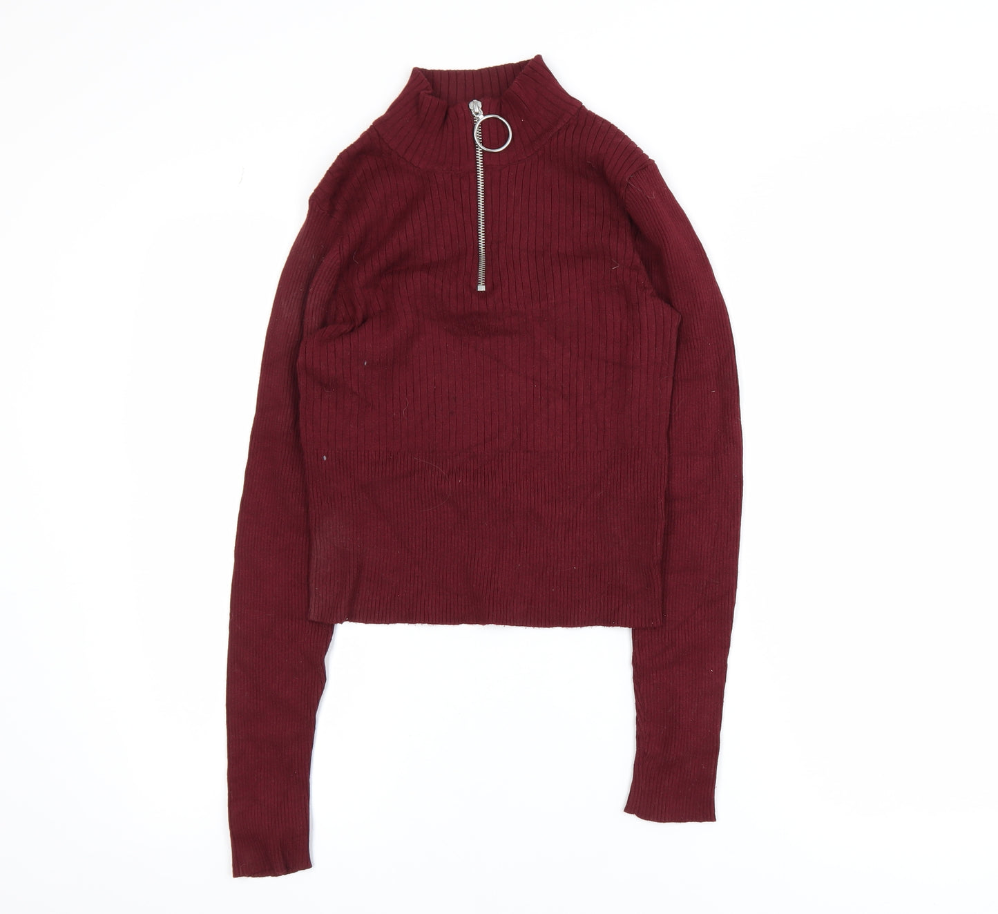 H&M Divided Women's Red Cropped Zip High Neck Long Sleeve Top Size 8