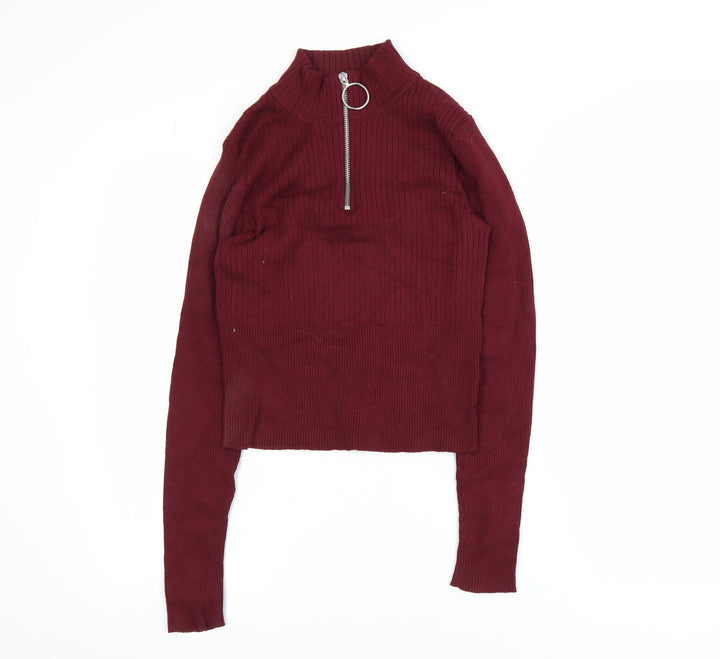 H&M Divided Women's Red Cropped Zip High Neck Long Sleeve Top Size 8