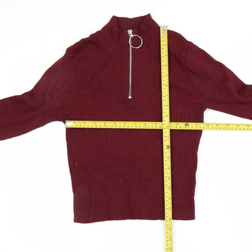 H&M Divided Women's Red Cropped Zip High Neck Long Sleeve Top Size 8