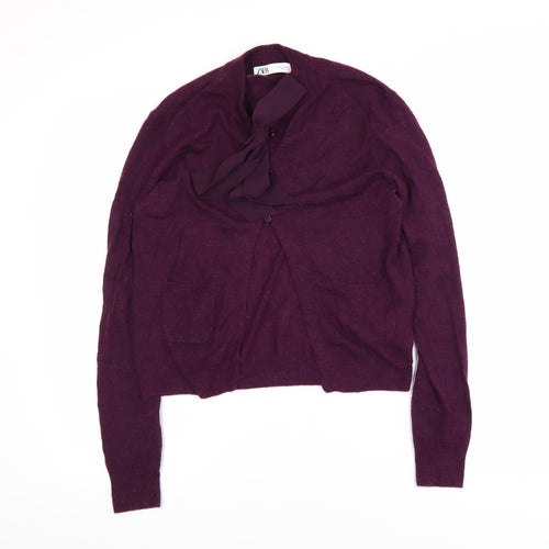 ZARA Women's Purple Bow Neck Cardigan Size 12 Long Sleeve Knit
