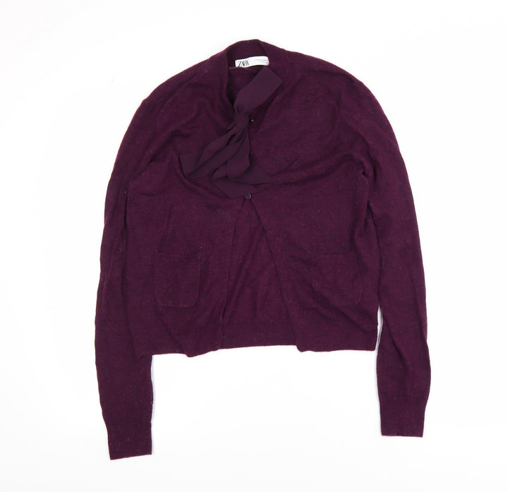 ZARA Women's Purple Bow Neck Cardigan Size 12 Long Sleeve Knit