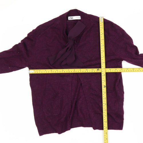 ZARA Women's Purple Bow Neck Cardigan Size 12 Long Sleeve Knit