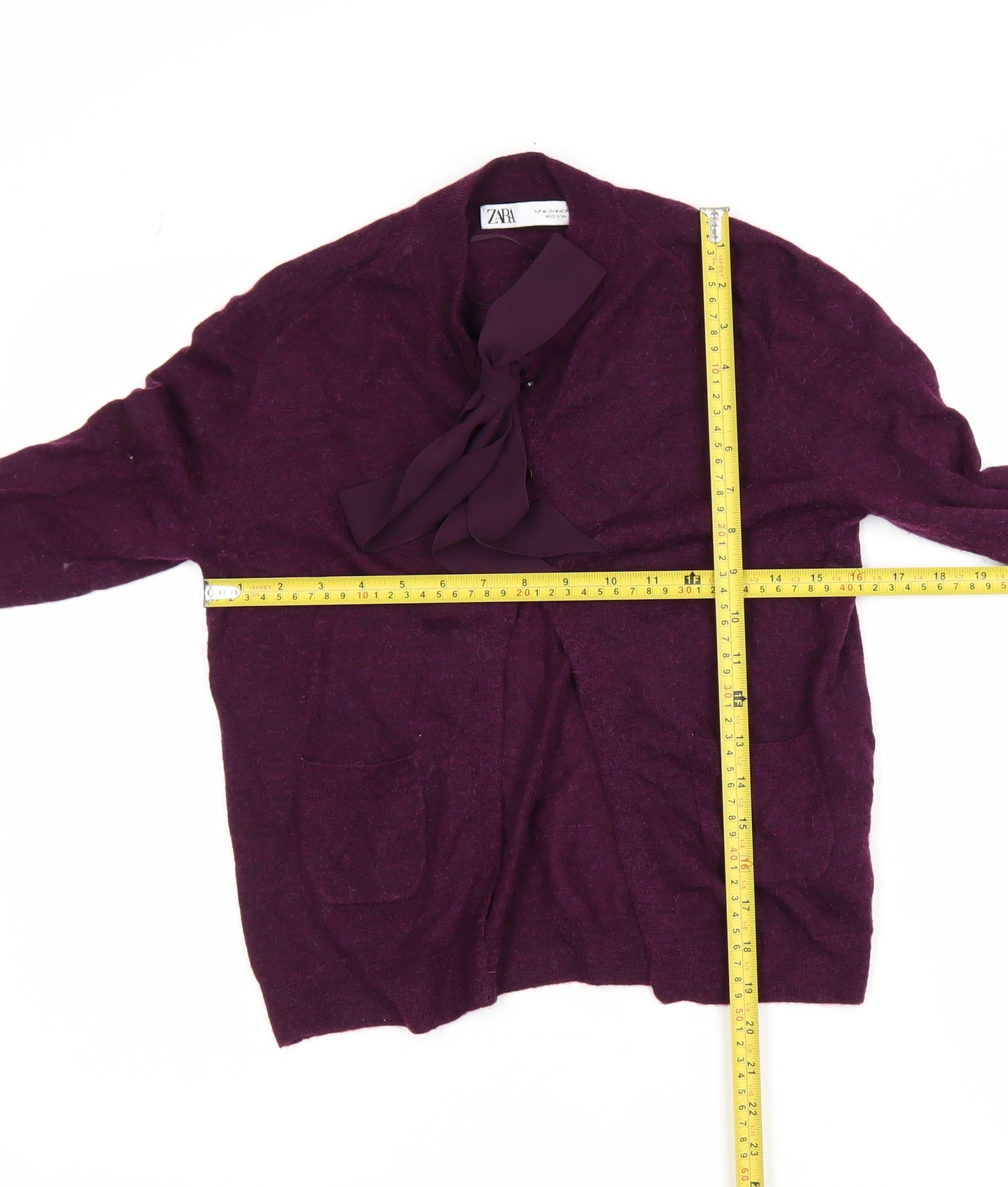 ZARA Women's Purple Bow Neck Cardigan Size 12 Long Sleeve Knit
