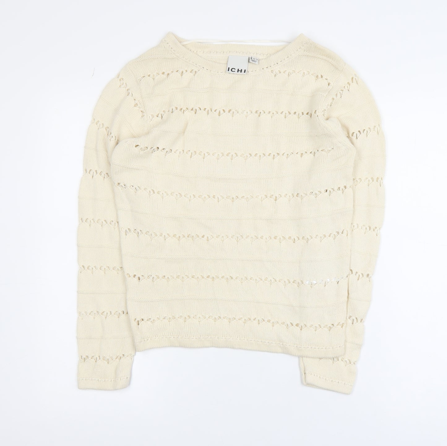 ICHI Women's Beige Open-Knit Cotton Jumper XS Lightweight Pullover